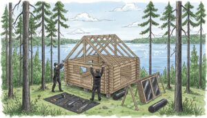 Lakeside holiday cabin under construction in Finland