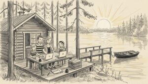 Family planning cabin by lake in summer