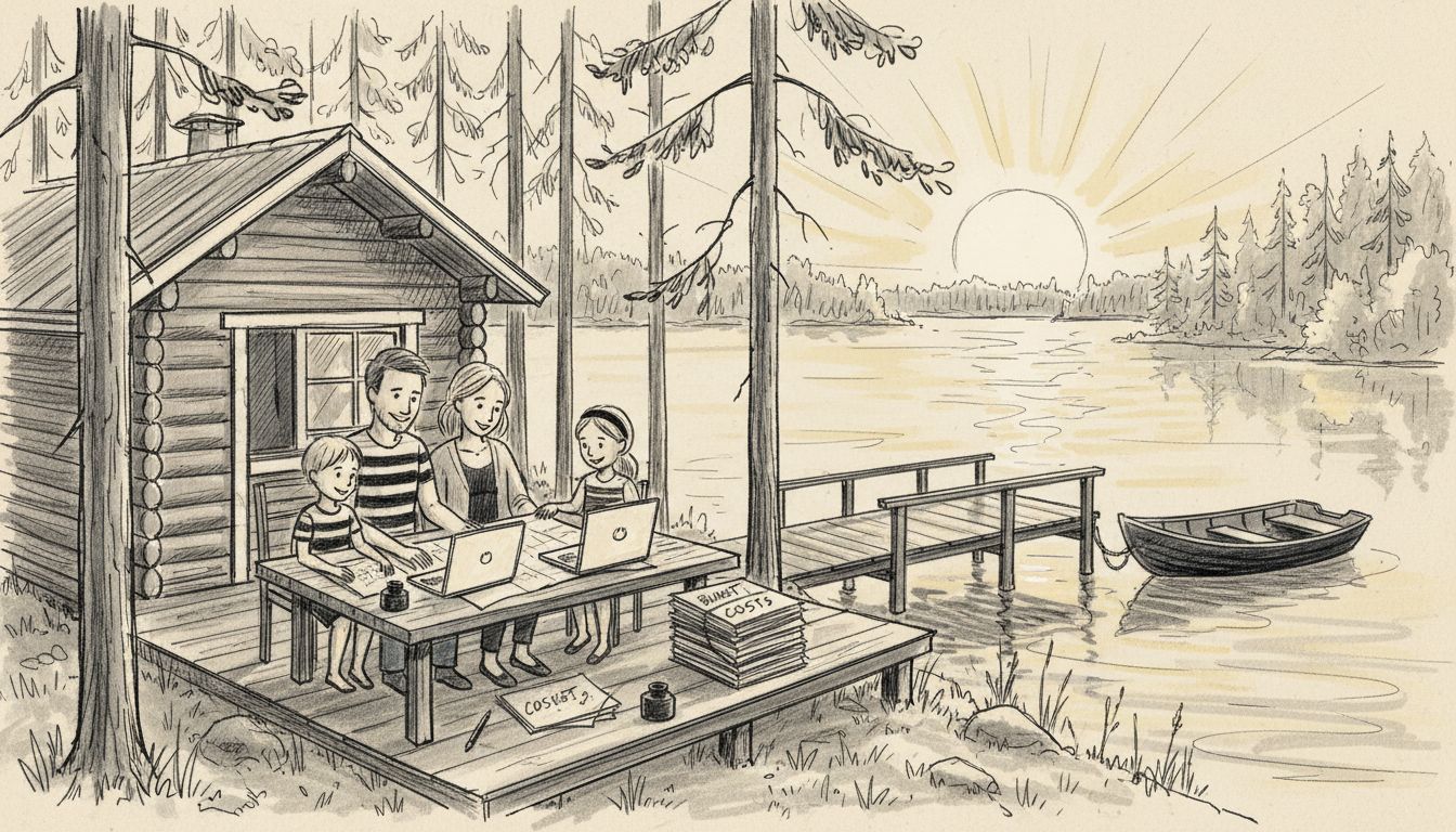 Family planning cabin by lake in summer