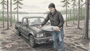 Man examines blueprints at log home site