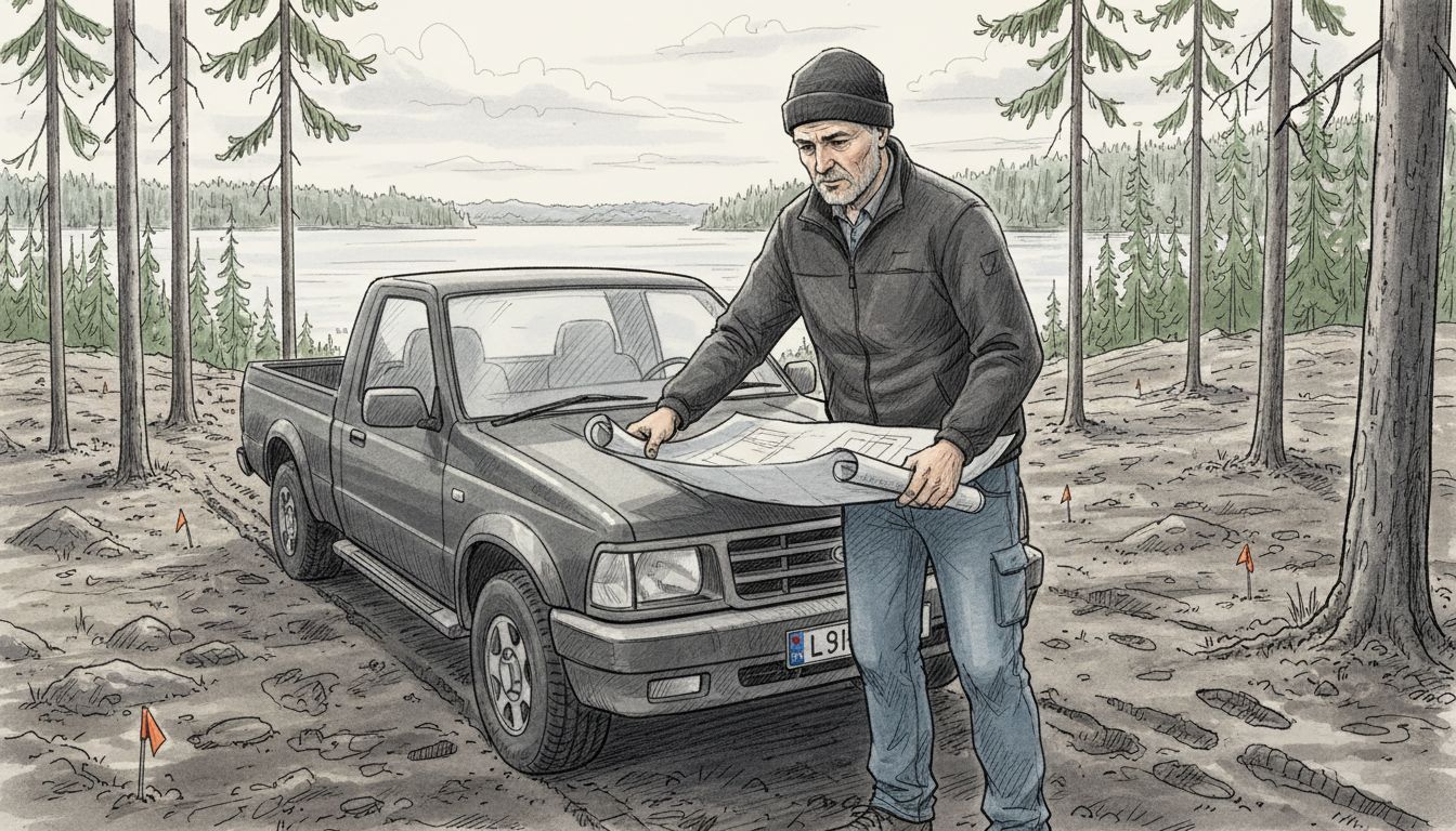 Man examines blueprints at log home site