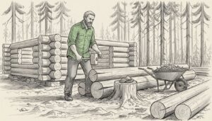 Log builder at sustainable cabin site in pine forest