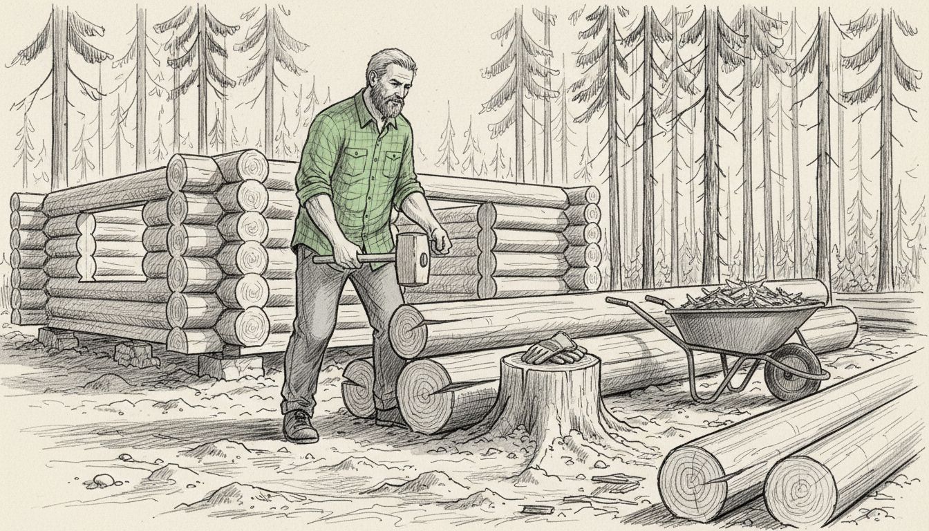 Log builder at sustainable cabin site in pine forest