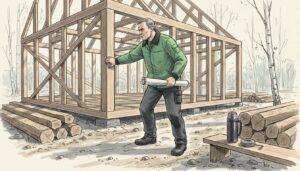 Site manager inspecting timber at eco building site