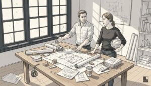 Architects planning with blueprints and materials