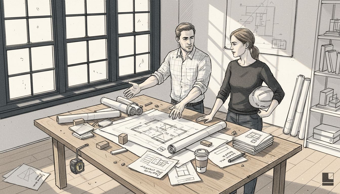 Architects planning with blueprints and materials