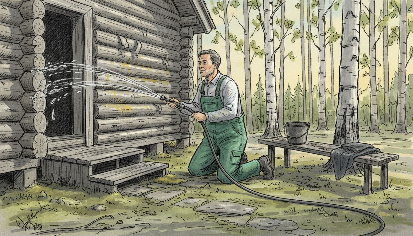 Man cleaning log cabin exterior in forest