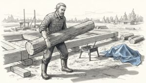 Carpenter assembling log house frame outdoors