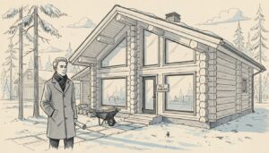 Arkkitehti tarkastelee modernin hirsitalon ulkoasua