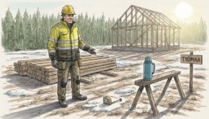 Suomalainen työntekijä maaseudun hirsirakennustyömaalla