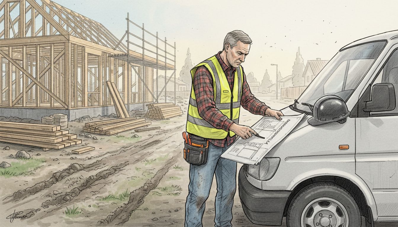Työmaapäällikkö tarkistaa rakennuspiirustuksia työmaalla.