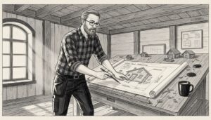 Arkkitehti perehtyy puutalon rakennuspiirustuksiin.