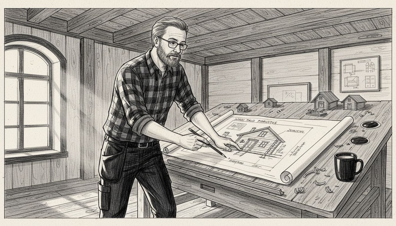 Arkkitehti perehtyy puutalon rakennuspiirustuksiin.