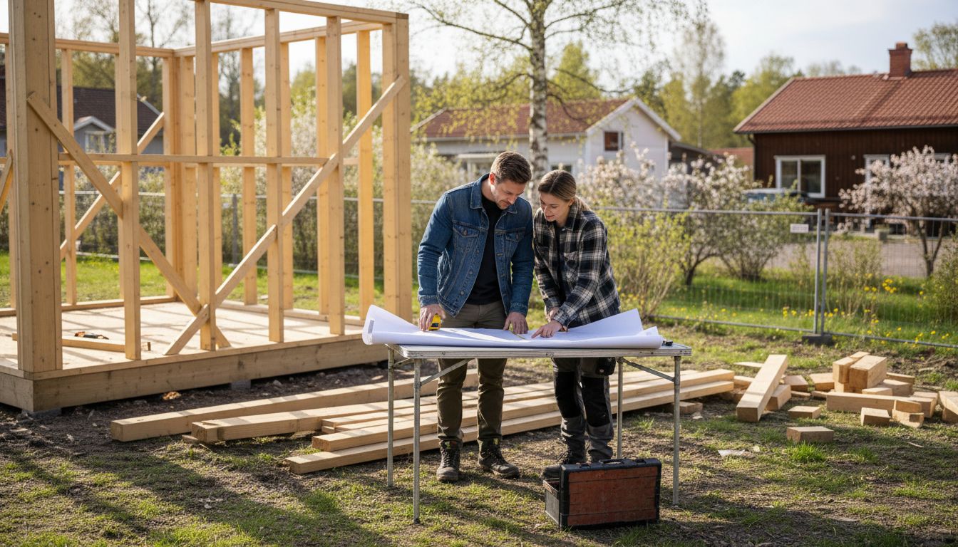 Ett par granskar ritningarna vid bygget av sitt trähus.