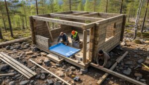 Byggearbeidere og verktøy i sving på hyttefeltet