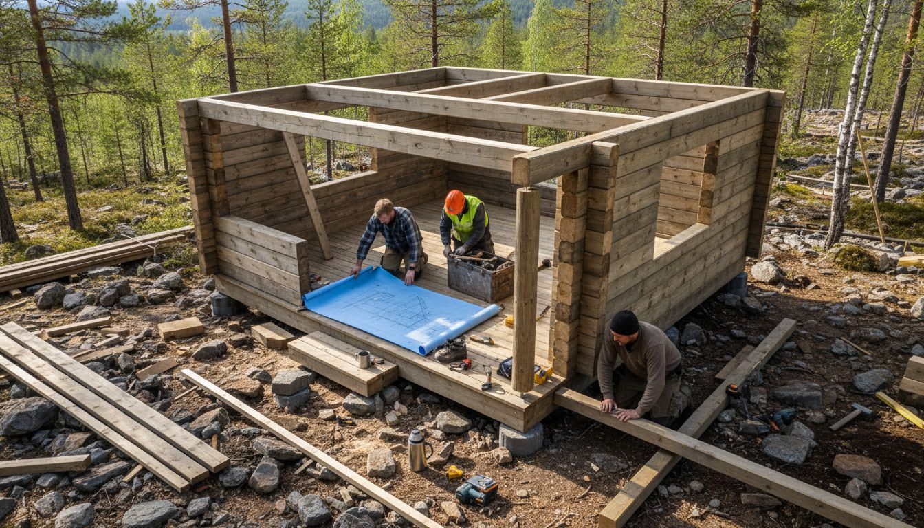 Byggearbeidere og verktøy i sving på hyttefeltet