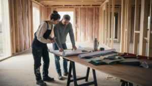 Bauherren besprechen ihre Pläne direkt vor Ort im noch unfertigen Rohbau.