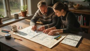 Arkitekten och husägaren går tillsammans igenom ritningarna och diskuterar byggplanerna.