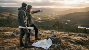 Et par er ute og ser på tomter de kan bygge hytte på.