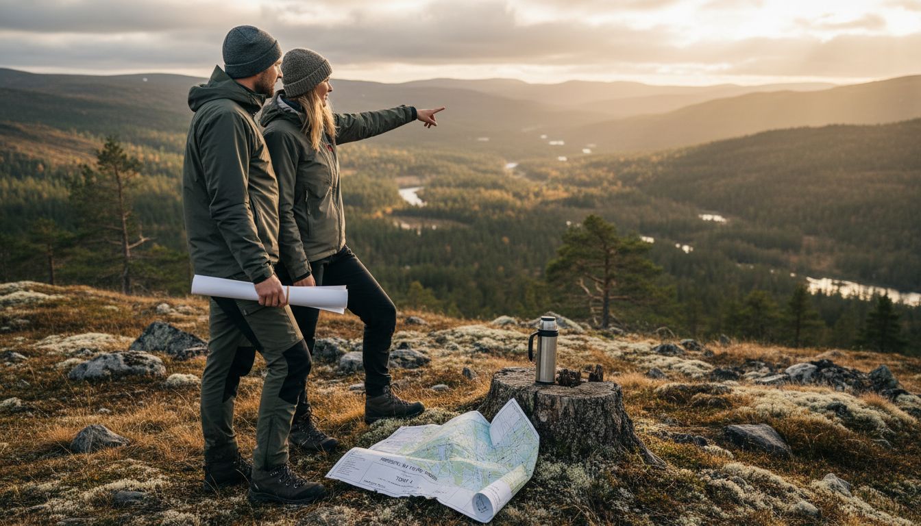 Et par er ute og ser på tomter de kan bygge hytte på.