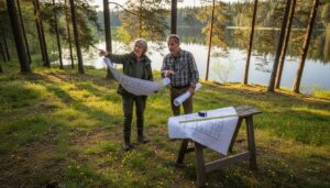 Ein Paar bespricht gemeinsam mit einem Architekten die Pläne für ihre Villa am See.