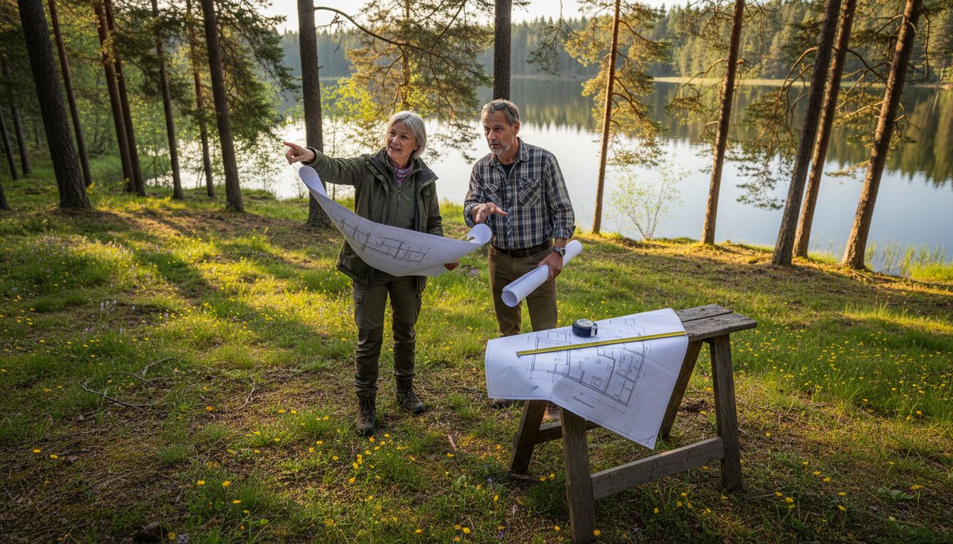 Ein Paar bespricht gemeinsam mit einem Architekten die Pläne für ihre Villa am See.