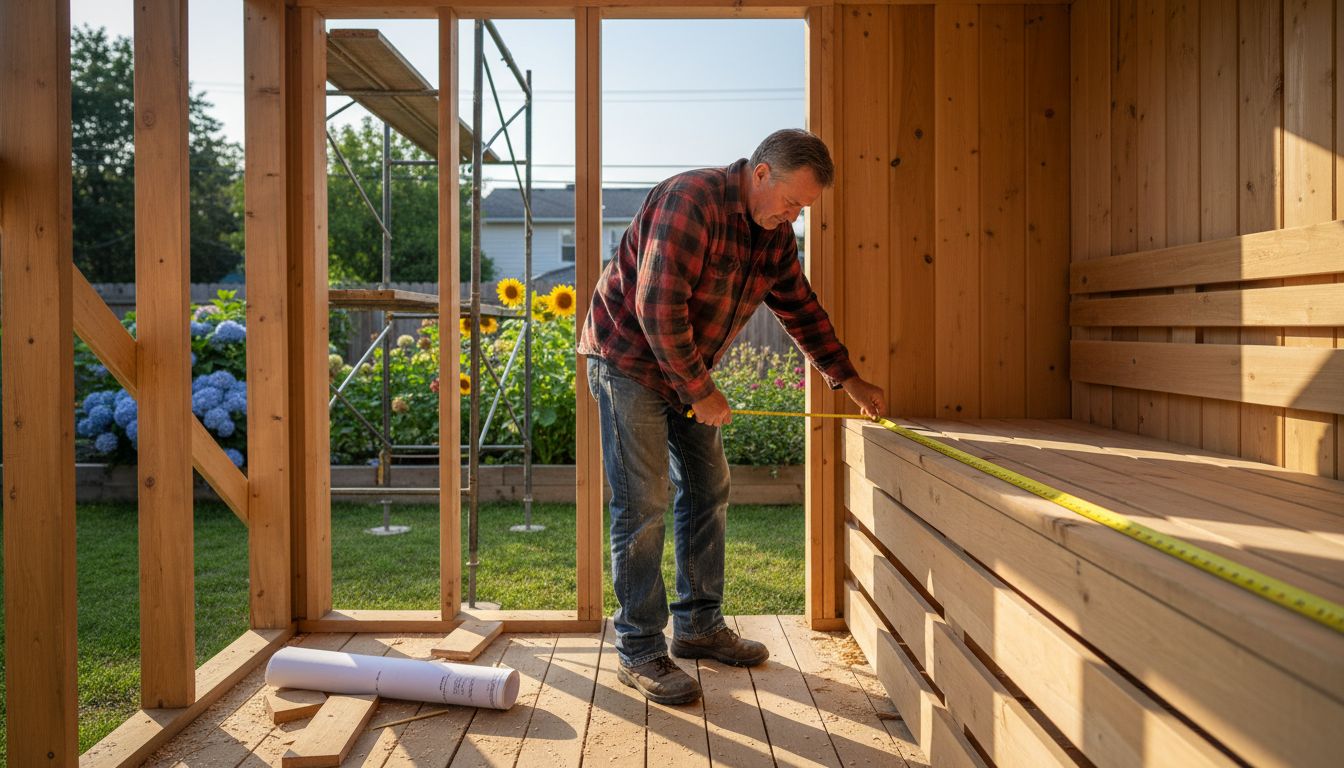 Carpenter working inside unfinished timber sauna