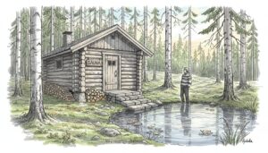 Perinteinen hirsisauna keskellä suomalaista metsäaukiota