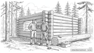 Hirsitalon runko rakenteilla – kaksi rakentajaa työn touhussa