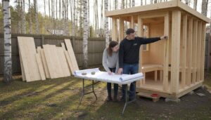 Couple planning sauna construction in backyard