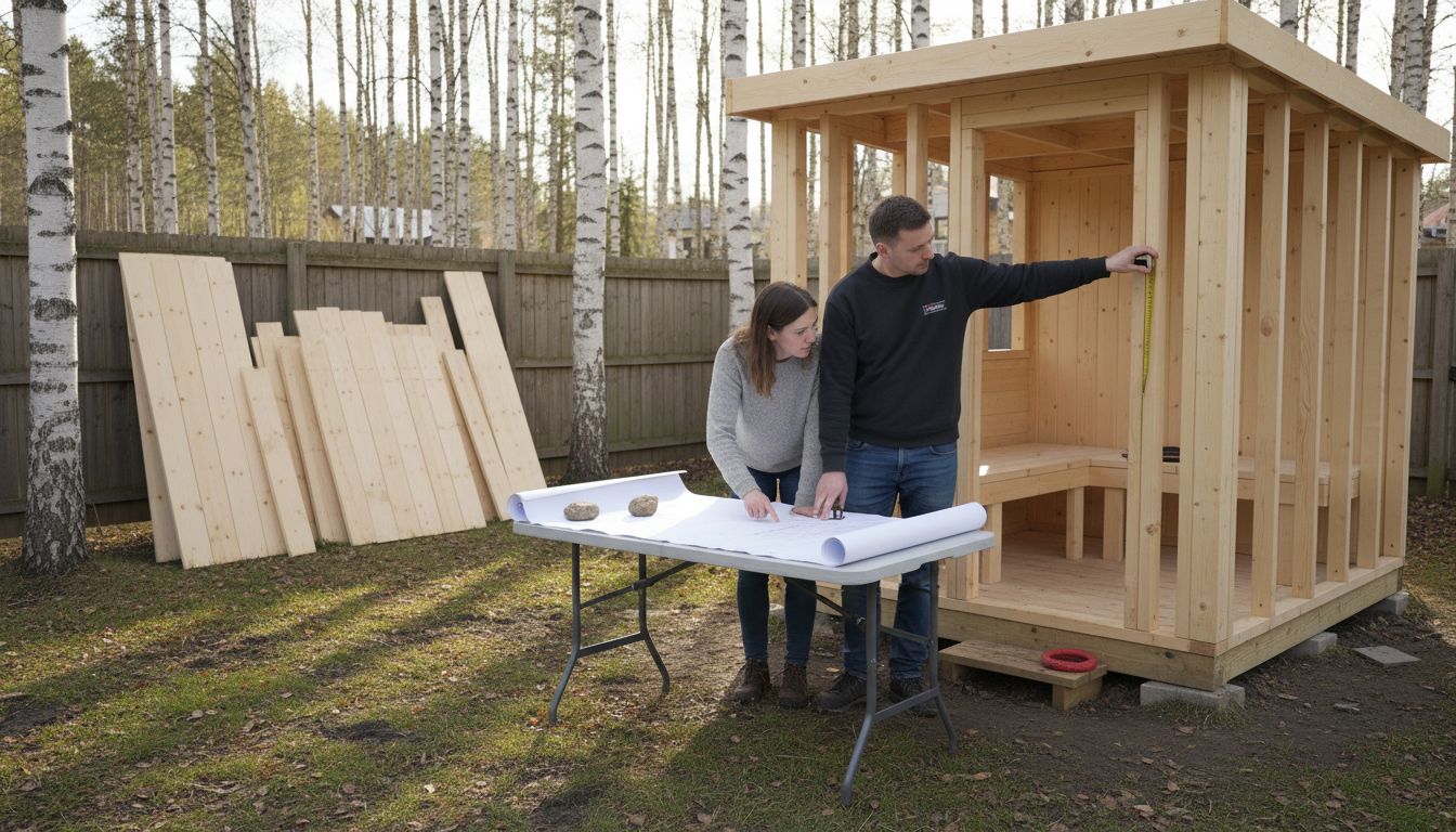 Couple planning sauna construction in backyard