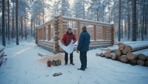 Arbetare står vid en timmerstomme ute på en snötäckt glänta.