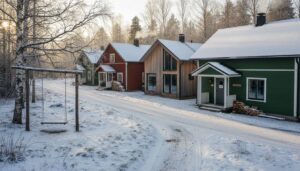 Gemütliche Holzhäuser im finnischen Wald, von winterlichem Sonnenlicht umgeben.