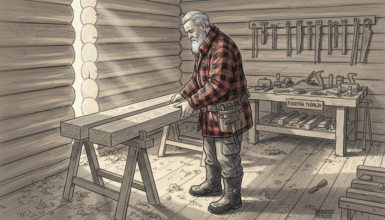 Puuseppä tarkistaa hirsirakennuksen kattopalkit