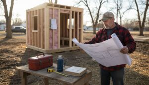 Contractor reviews sauna code blueprints onsite