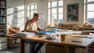 Arkitekten sitter vid sitt skrivbord och går igenom bygglovshandlingar.