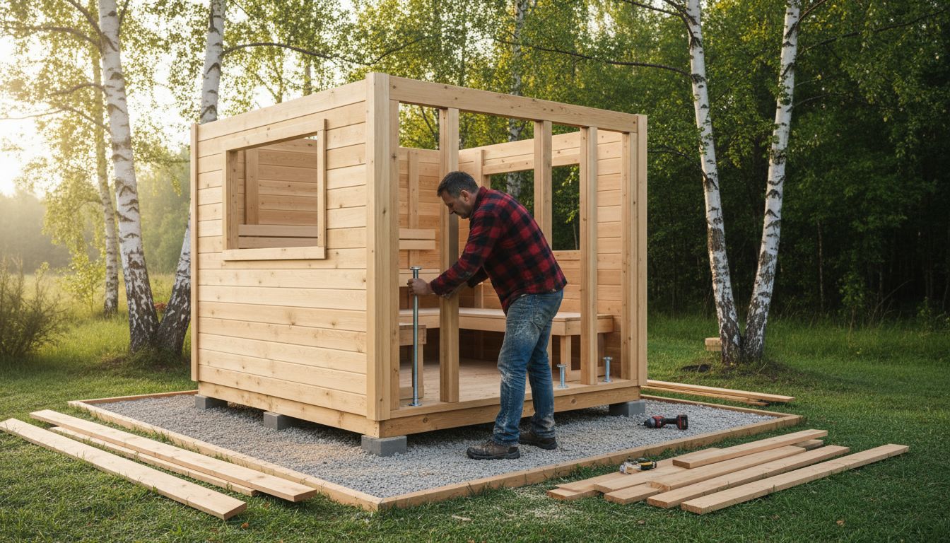 Ein Mann baut in seinem Garten eine eigene Sauna aus Holz.