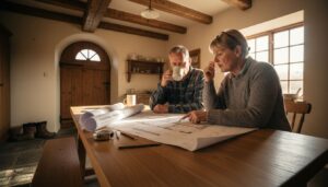 Et par sitter ved kjøkkenbordet og ser gjennom tegningene til det nye tømmerhuset sitt.