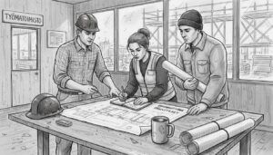 Rakennusporukka käy läpi piirustuksia työmaan toimistossa.