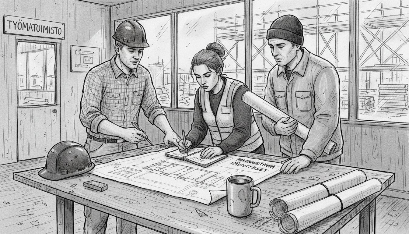 Rakennusporukka käy läpi piirustuksia työmaan toimistossa.