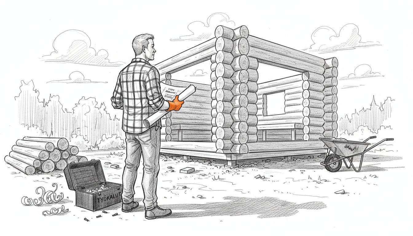 Rakentaja tarkistaa piirustuksia hirsisaunan työmaalla.