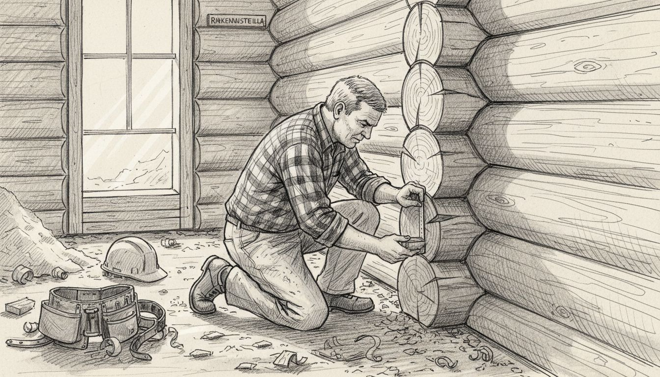 Työntekijä tarkistaa pinottujen tukkien mittatarkkuutta