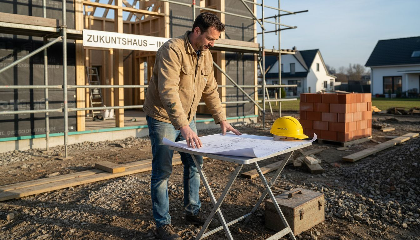 Der Bauherr begutachtet vor Ort die Baupläne.