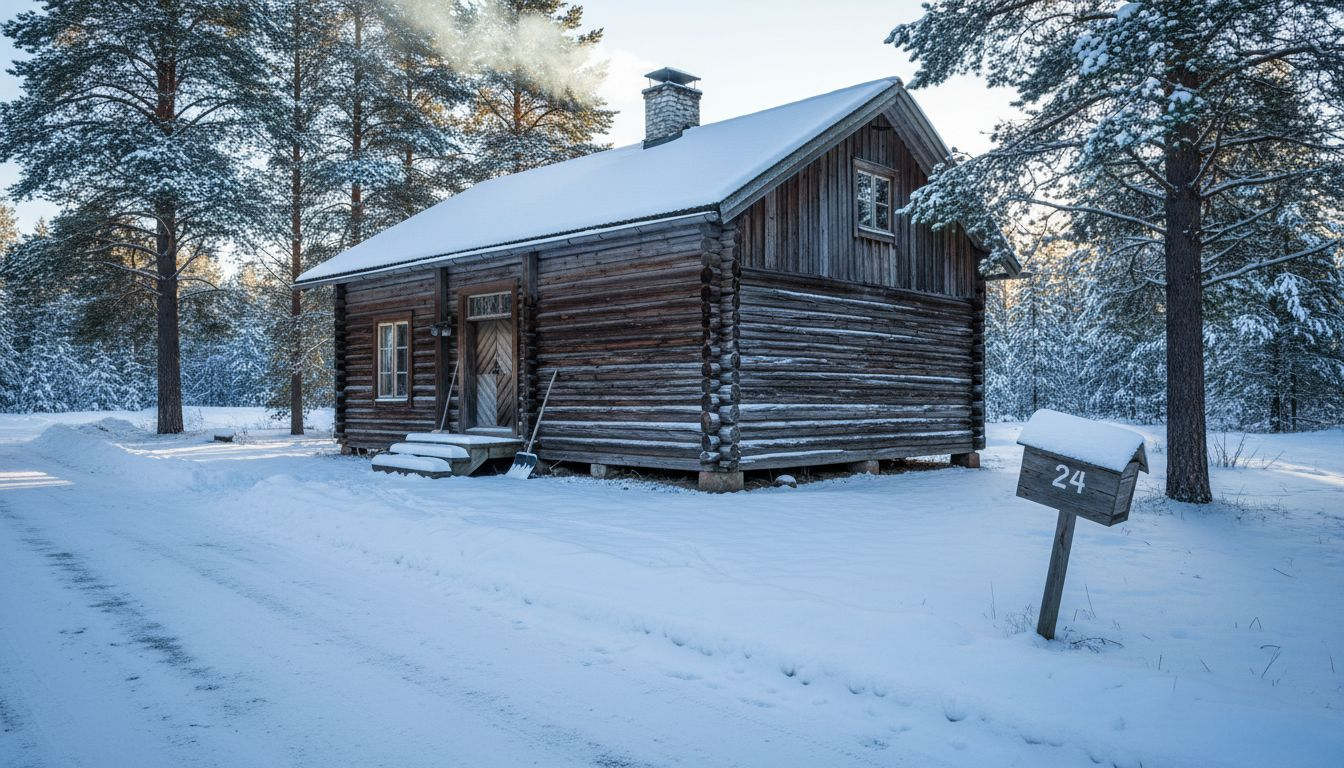 Traditional Finnish log house in snowy countryside