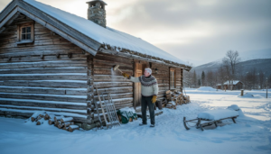 En eldre mann står utenfor et laftet hus mens lette snøfnugg daler ned.