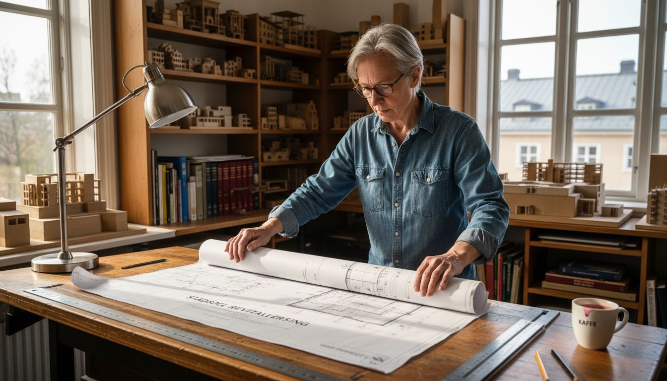 Arkitekten går igenom ritningarna i ett ljust och modernt kontor.