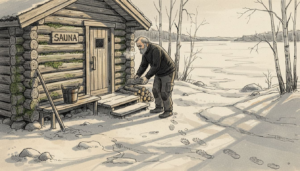 Mies pilkkoo puita hirsisaunan pihalla.