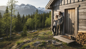 Moderne hytte i tre der et par nyter utsikten mot majestetiske fjell.
