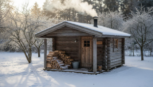 Gemütliches Blockhaus mit Sauna im verschneiten Garten
