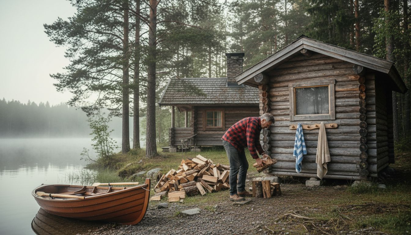 Rustic outdoor sauna by lakeside cottage at sunrise